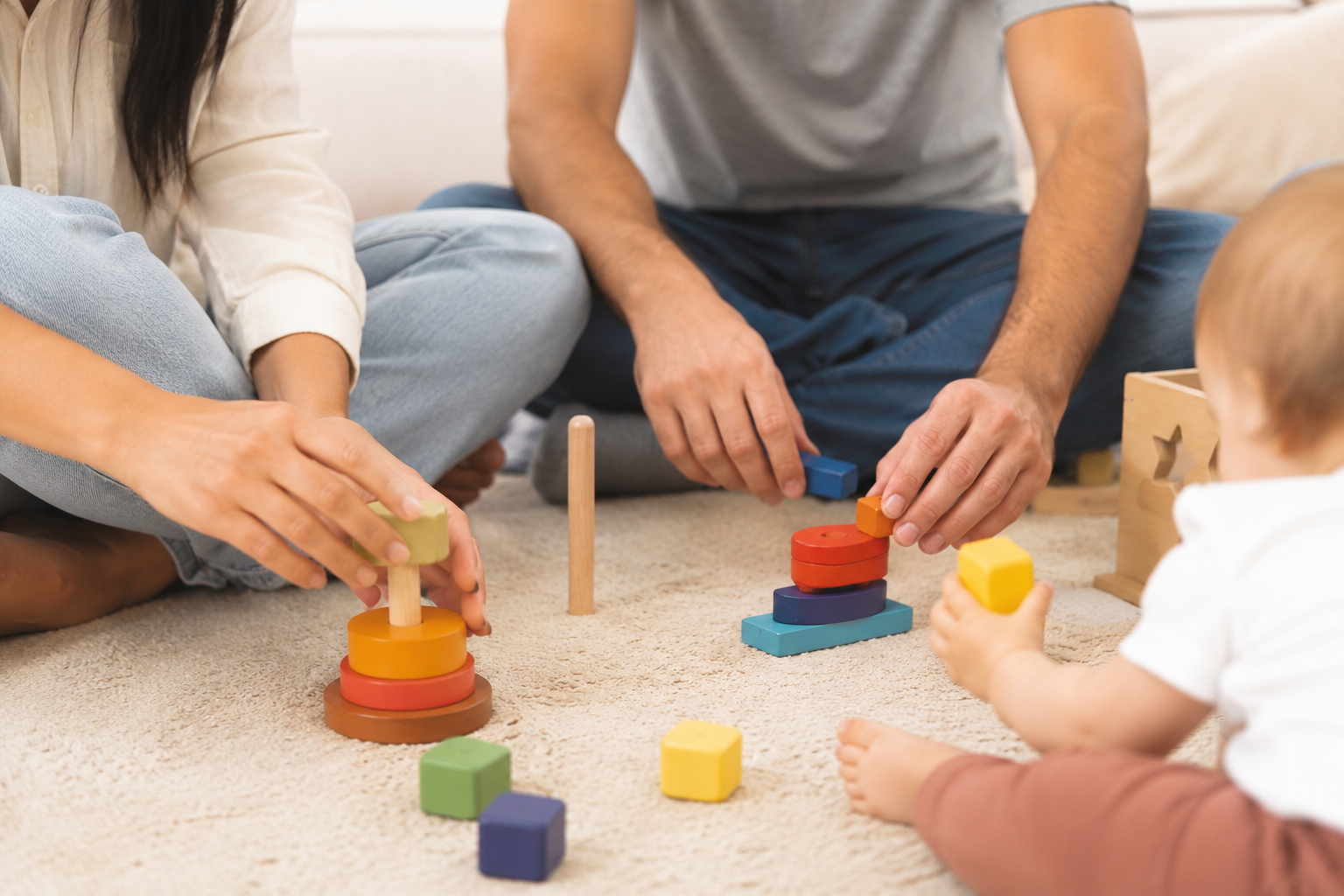 Família brincando com blocos coloridos